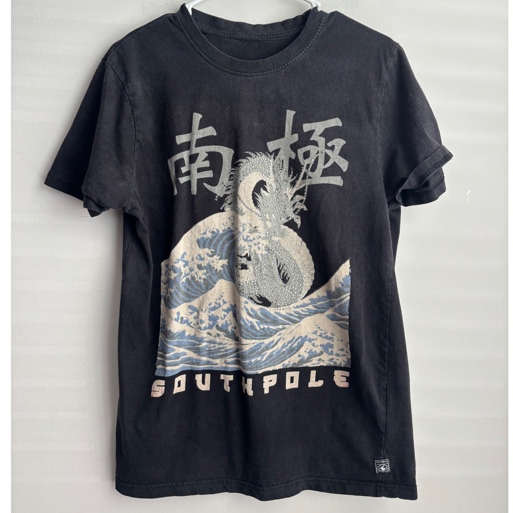 Y2K Southpole Black Dragon Wave Graphic T-Shirt Men Small